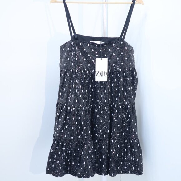 Zara Black Sequin Polka Dot Mini Dress - Size Small NWT - Picture 10 of 10